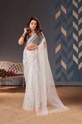 White Colour Nett Saree WITH UN-STITCHED BLOUSE 1