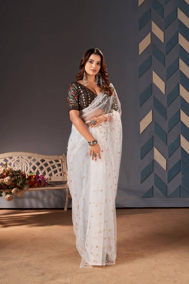 White Colour Nett Saree WITH UN-STITCHED BLOUSE