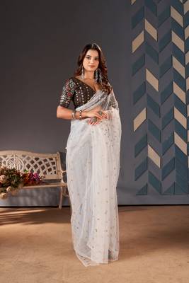 White Colour Nett Saree WITH UN-STITCHED BLOUSE 3