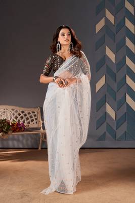 White Colour Nett Saree WITH UN-STITCHED BLOUSE 4