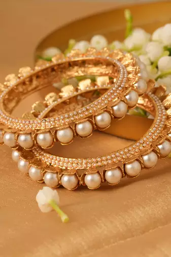 Set Of 2 Gold-Plated Pearl-Studded Bangles