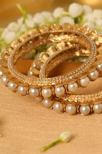 Set Of 2 Gold-Plated Pearl-Studded Bangles