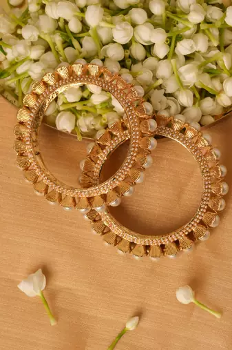 Set Of 2 Gold-Plated Pearl-Studded Bangles