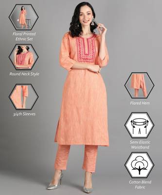 Orange Floral Embroidery Work Cotton Straight Kurta Set 2