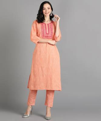 Orange Floral Embroidery Work Cotton Straight Kurta Set 3