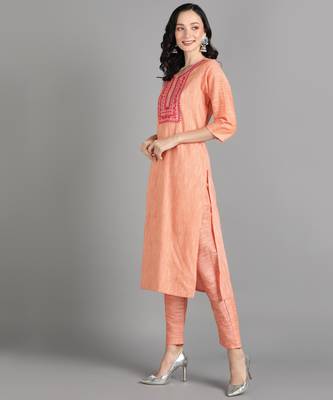 Orange Floral Embroidery Work Cotton Straight Kurta Set 4
