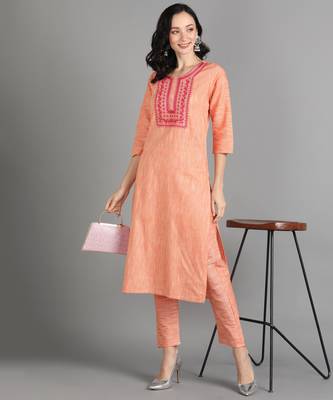 Orange Floral Embroidery Work Cotton Straight Kurta Set 5