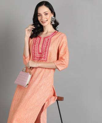Orange Floral Embroidery Work Cotton Straight Kurta Set 1