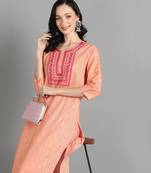 Orange Floral Embroidery Work Cotton Straight Kurta Set
