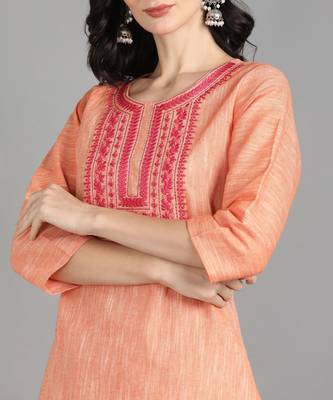 Orange Floral Embroidery Work Cotton Straight Kurta Set 7