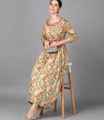 Yellow Floral Printed Mirror Work Rayon Anarkali Kurta