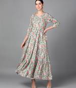 Grey Floral Printed With Embroidery Work Rayon Anarkali Kurta