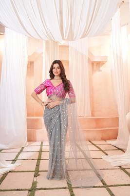 Light Pista Colour Nett Saree WITH UN-STITCHED BLOUSE 1