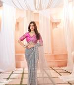 Light Pista Colour Nett Saree WITH UN-STITCHED BLOUSE