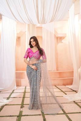 Light Pista Colour Nett Saree WITH UN-STITCHED BLOUSE 2