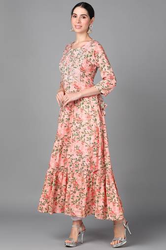 Pink Embroidery With Floral Printed Work Rayon Anarkali Kurta