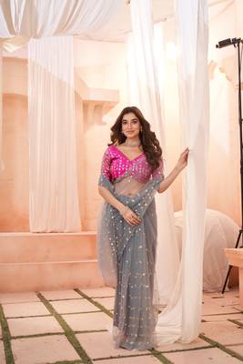 Light Pista Colour Nett Saree WITH UN-STITCHED BLOUSE 3