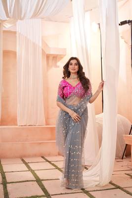 Light Pista Colour Nett Saree WITH UN-STITCHED BLOUSE 4