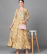 Yellow Floral Printed With Embroidery Work Anarkali kurta