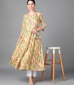 Yellow Floral Printed Work Rayon Anarkali Kurta