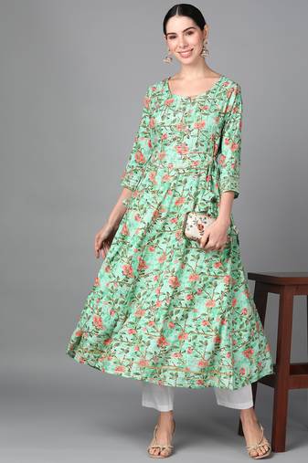 Turquoise Blue Floral Printed Work Rayon Anarkali Kurta