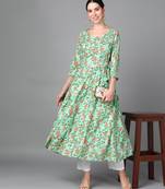 Turquoise Blue Floral Printed Work Rayon Anarkali Kurta