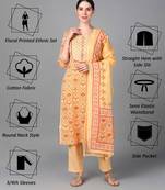 Yellow Floral Printed Work Rayon Straight Kurta Set