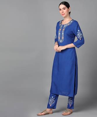 Blue Floral Embroidery work rayon Straight Kurta Set 2