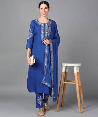 Blue Floral Embroidery work rayon Straight Kurta Set 1