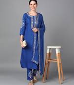 Blue Floral Embroidery work rayon Straight Kurta Set