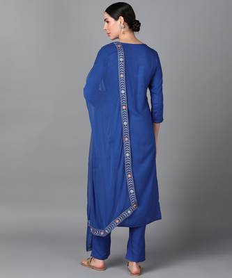 Blue Floral Embroidery work rayon Straight Kurta Set 3