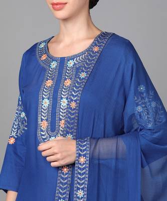 Blue Floral Embroidery work rayon Straight Kurta Set 4