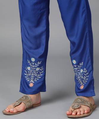 Blue Floral Embroidery work rayon Straight Kurta Set 6