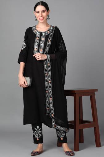 Black Floral Embroidery Work Rayon Straight Kurta Set