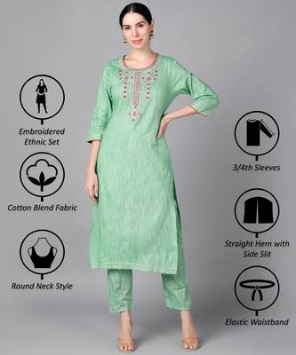 Green Floral Embroidery Work Cotton Straight Kurta Set 2