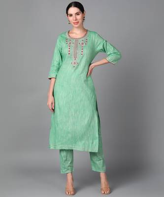 Green Floral Embroidery Work Cotton Straight Kurta Set 3