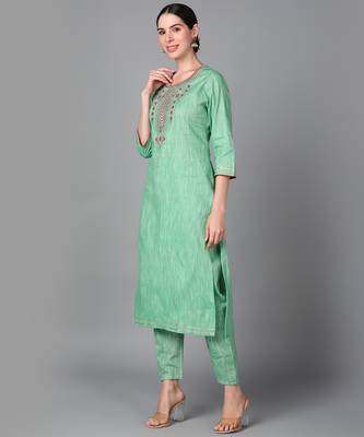 Green Floral Embroidery Work Cotton Straight Kurta Set 4