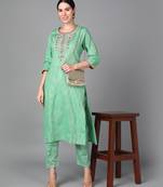 Green Floral Embroidery Work Cotton Straight Kurta Set