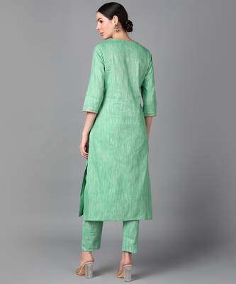 Green Floral Embroidery Work Cotton Straight Kurta Set 5