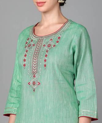 Green Floral Embroidery Work Cotton Straight Kurta Set 6