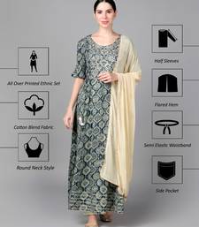 Blue Ethnic Motif Printed With Embroidery Work Cotton Anarkali Kurta Set