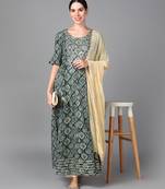 Blue Ethnic Motif Printed With Embroidery Work Cotton Anarkali Kurta Set