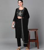 Black Embroidery Work Rayon Straight Kurta Set