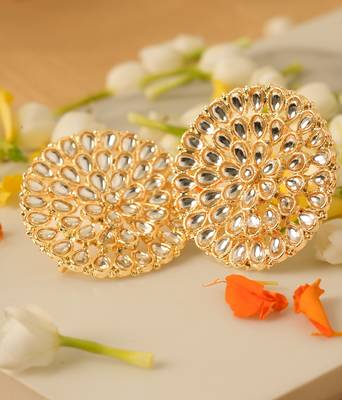 Contemporary Kundan Big Round Stud Earrings 2