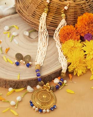 Gold Plated Pendant Necklace Set with White Pearls and Blue Bead 1