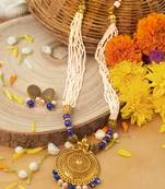 Gold Plated Pendant Necklace Set with White Pearls and Blue Bead