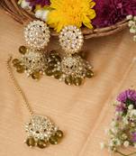 Kundan Maang Tikka and Earrings Set with Mehndi Green Drops