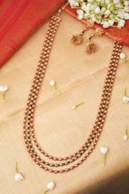 Traditional 3-Layer Necklace Set with Gold Pleated Beads and Vibrant Gemstones 1