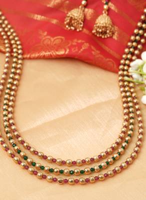 Traditional 3-Layer Necklace Set with Gold Pleated Beads and Vibrant Gemstones 2