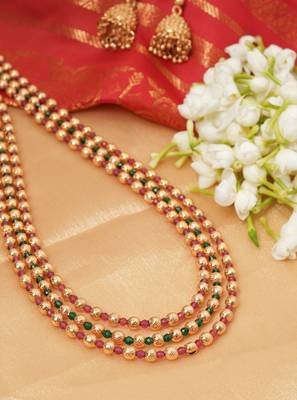 Traditional 3-Layer Necklace Set with Gold Pleated Beads and Vibrant Gemstones 3